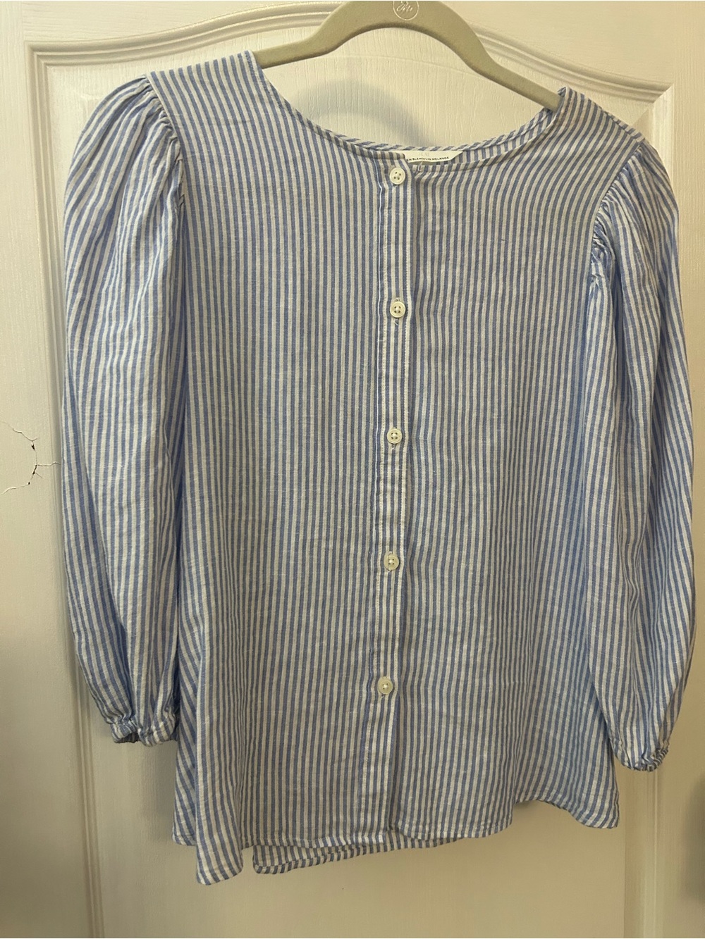 H&M Blue and White Striped Button-Back Peasant Blouse